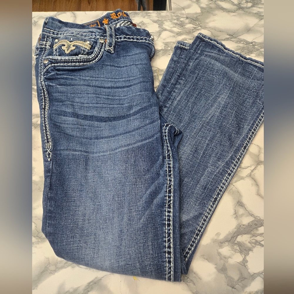 Rock Revival Women's Medium Blue Bootcut Jeans with Embroidered Pockets